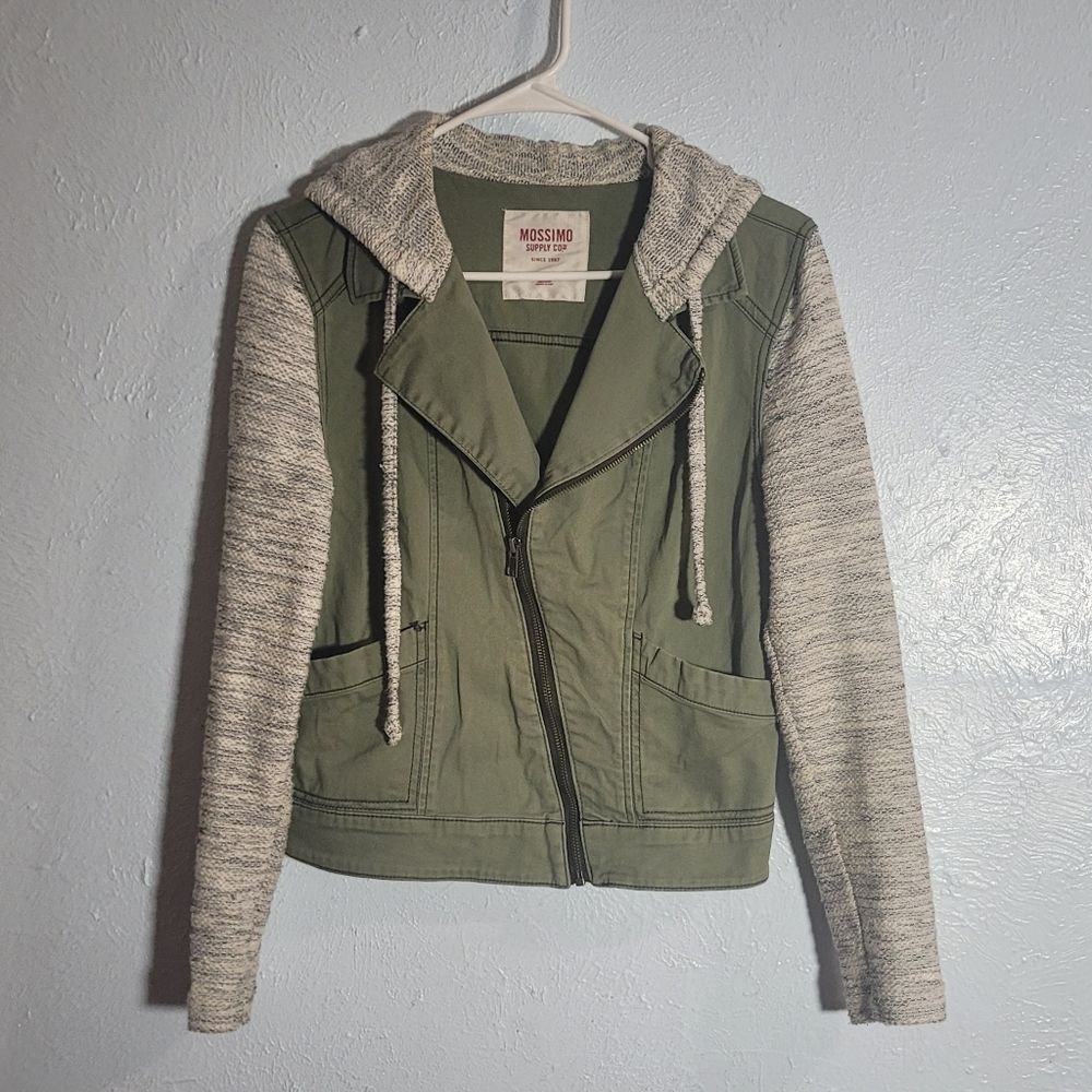 Mossimo Supply Co. Green & Gray Knit Sleeve Mixed Moto Jacket - Size S/P
